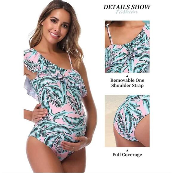 NWT Summer Mae's Maternity One Shoulder Flounce One Piece Bathing Suit Small - Picture 5 of 13